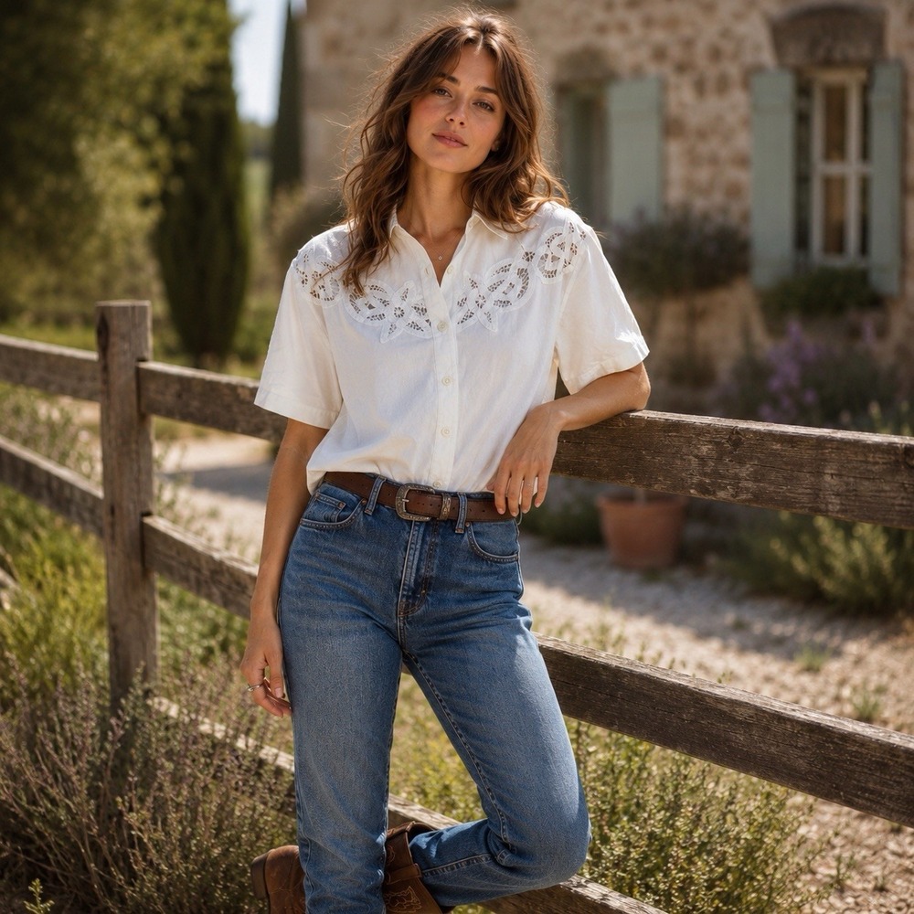 Panhandle Slim Top VTG Womens Sz Small White Lace Short Sleeve Western Shirt